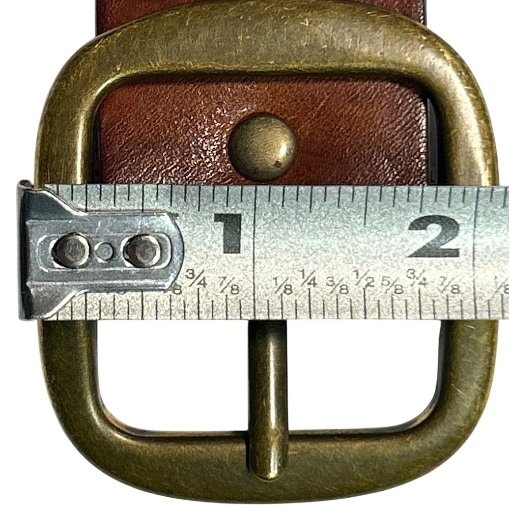 Cognac Brown Italian Leather Whipstitch Belt with Antiqued Brass Buckle Size M